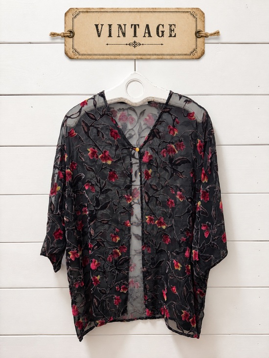 Tops - Vintage Burnout Floral Velvet Kimono – Black & Burgundy – One Size